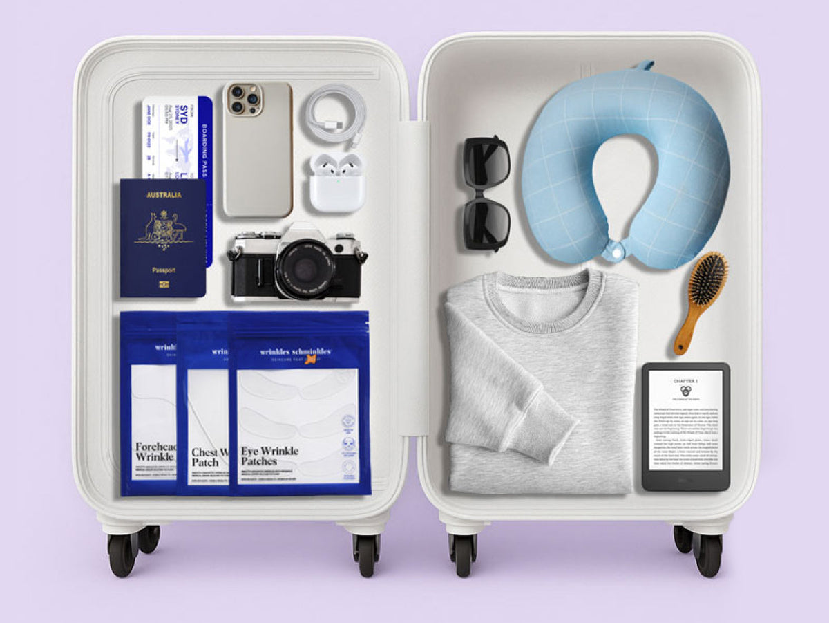 Wrinkles Schminkles blog banner on travel-friendly, liquid-free skincare
