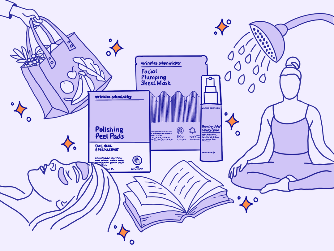 sunday reset, brightening skincare routing for mature skin featuring the Polishing Peel Pad, Morning After Glow Serum, Facial Plumping Sheet Mask, and Best Seller Bundle with Wrinkles Patches