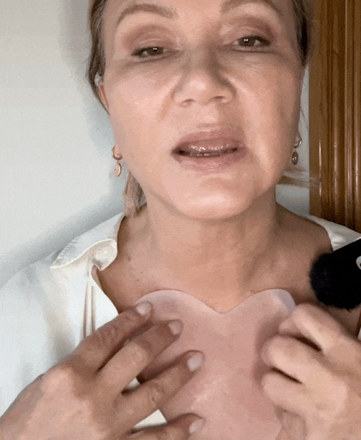 Décolletage area showing smooth skin transformation after using silicone chest patches for side-sleeping wrinkles
