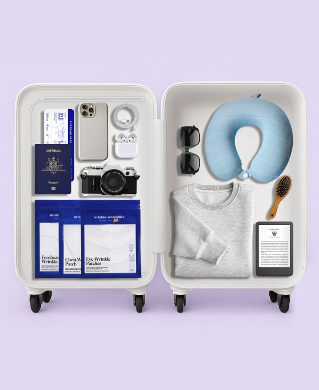 Travel size skin care wrinkle patches displayed flat next to boarding pass and carry-on luggage, showing space-saving benefits for vacation toiletries list